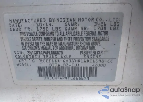 2015 Nissan Versa 1.6 Sv z USA, uszkodzony, nr VIN 3N1CN7AP4FL868679